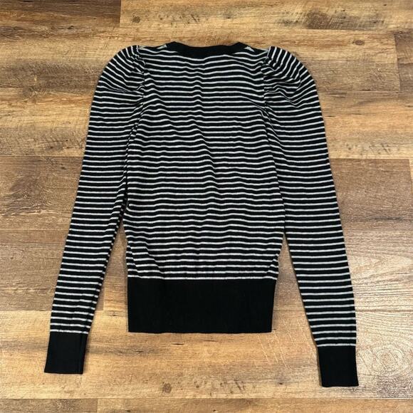 French Connection Gigot Sleeve XS Black Striped Pullover Sweater Office Comfort - Picture 2 of 8